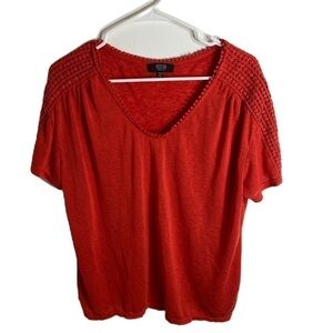 Modern Canvas Red Orange Pom Pom Trim Blouse XXL Short Sleeve Top V-neck